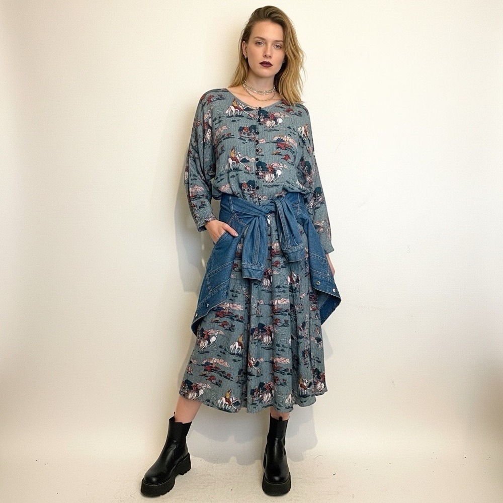 VTG 90s Dress Small Cowboy Cowgirl dress western rayon Prairie Country Novelty